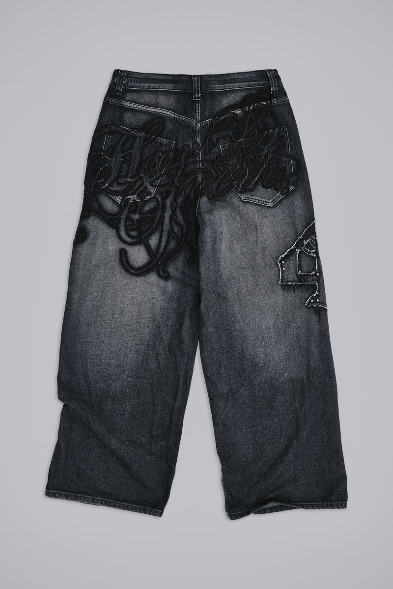 Black Raised Embroidery XL Colossus Jeans