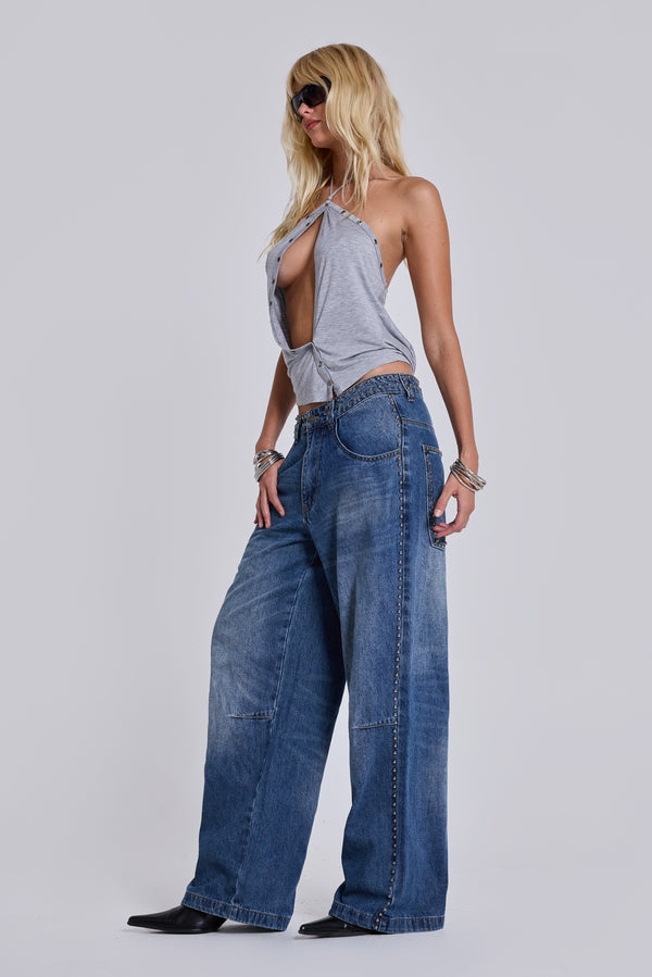 Nailed Studded Colossus Jeans in Mid Blue Wash