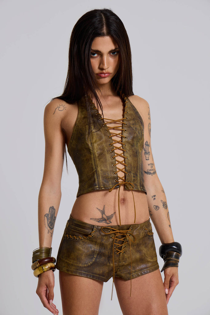 Vaca Whipstitch Faux Leather Mini Shorts in Brown