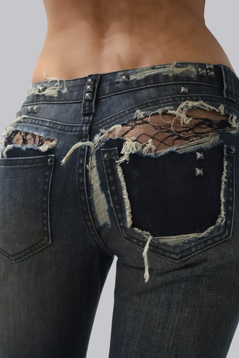 Tori Distressed Lace Low Rise Bootcut Jeans