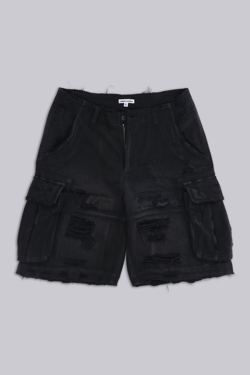 Black Distressed Beach Cargo Shorts