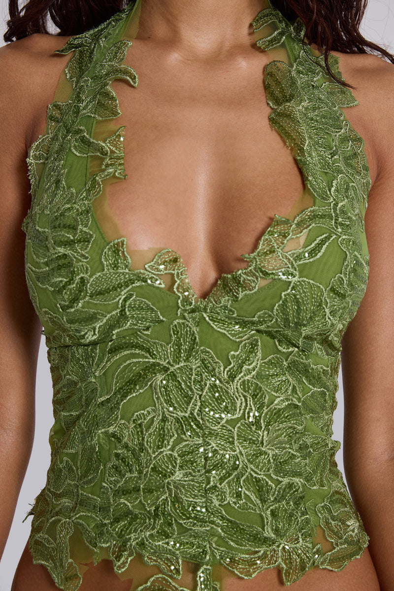 Roswen Lace Corset Top in Green