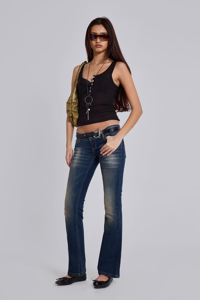 Kelsey Low Rise Skinny Bootcut Jeans in Dark Wash