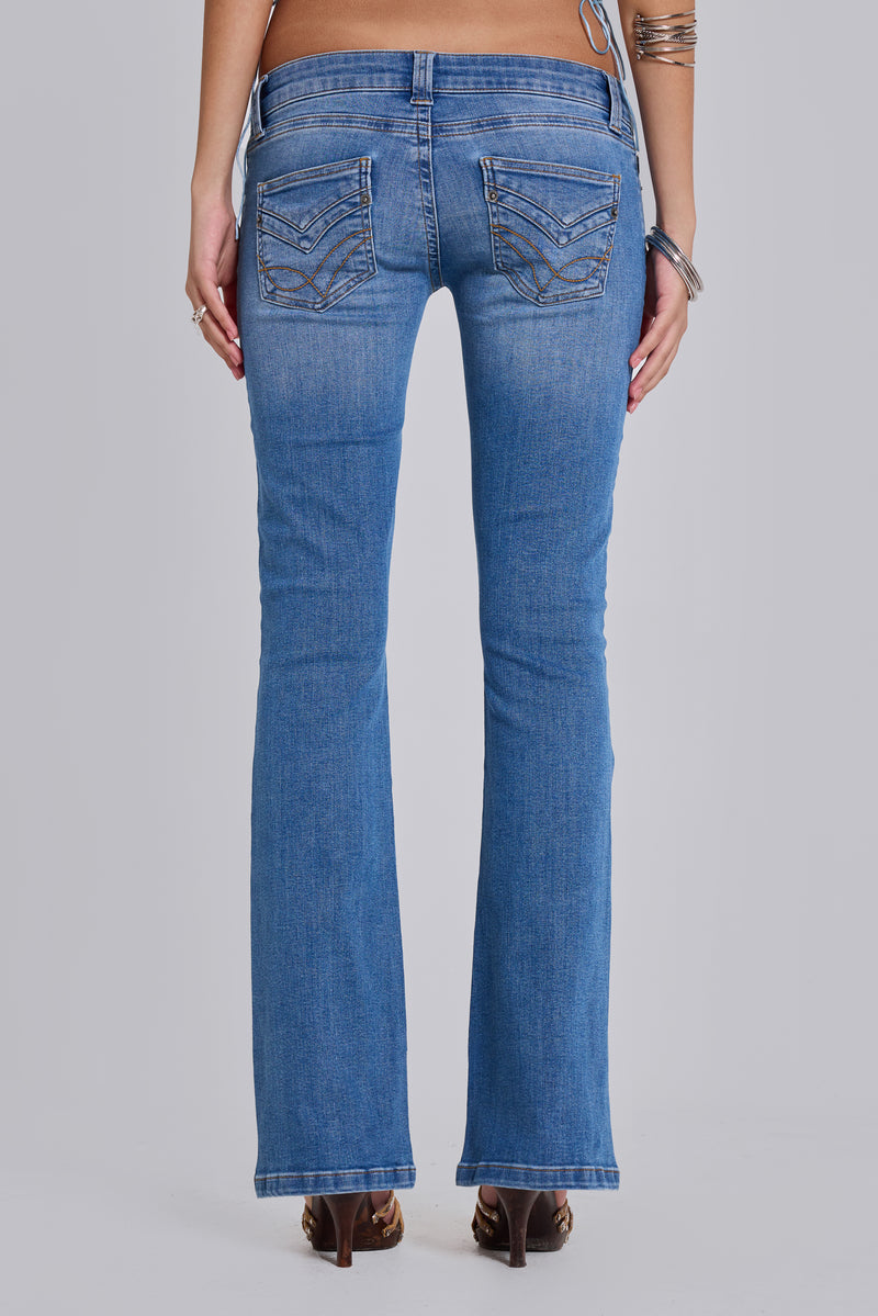 Kelsey Low Rise Skinny Bootcut Jeans in Mid Wash
