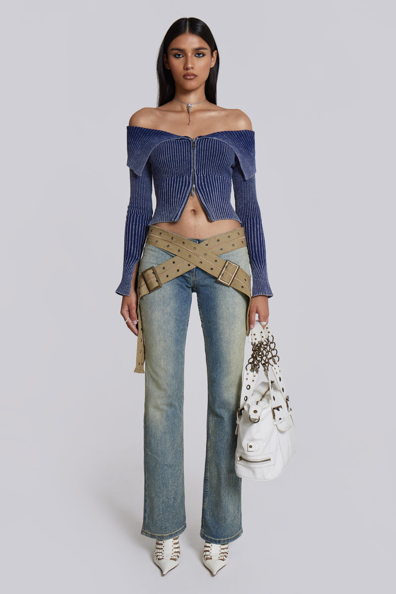 Tribeca Blue Ribbed Off The Shoulder Knit