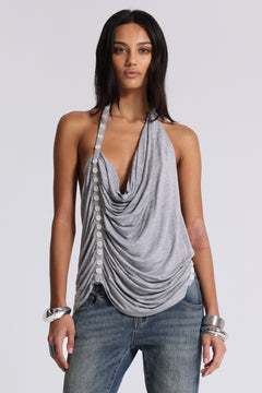 Alisia Backless Button Halter Top - UK 10 / Silver