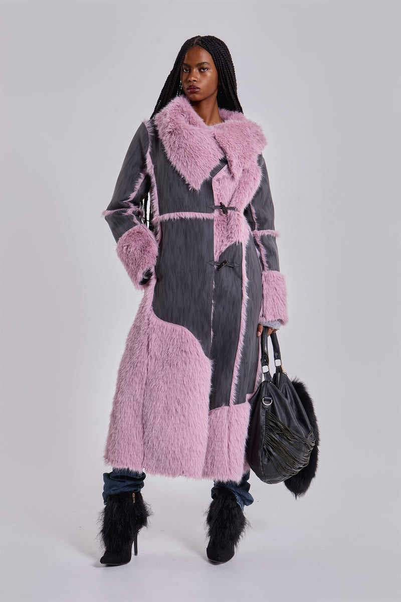 Alise Patchwork Faux Suede and Fur Maxi Coat