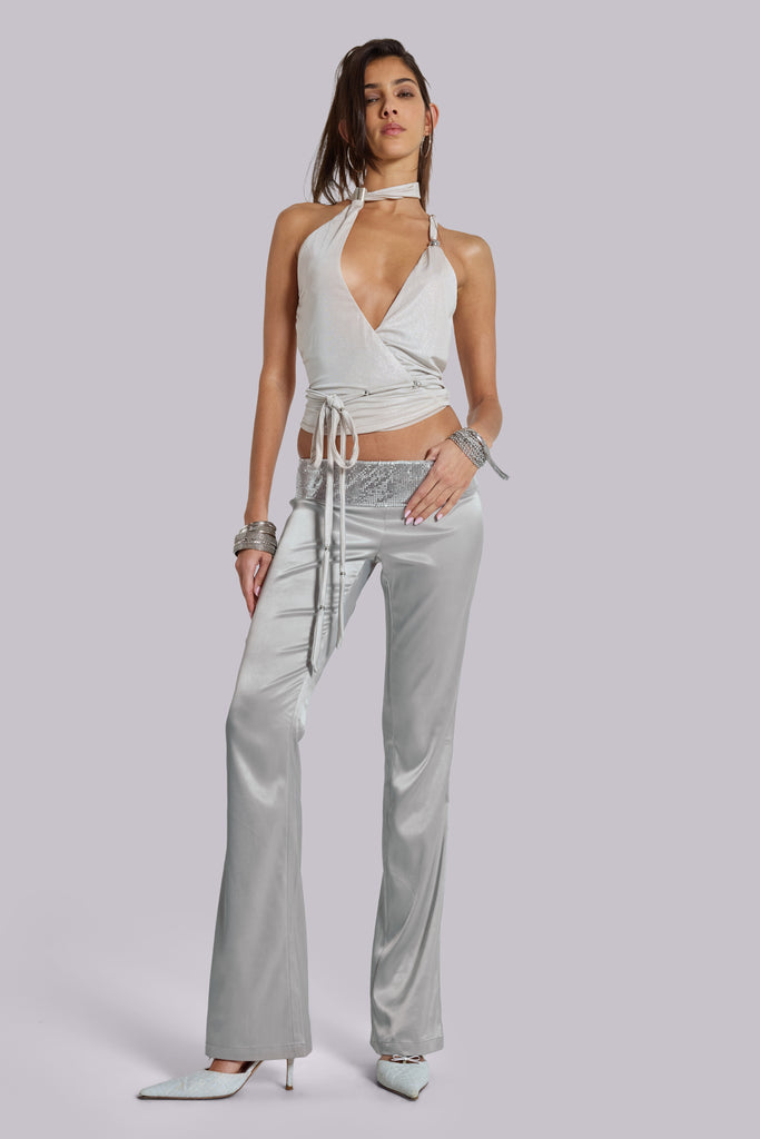 Nivi Chainmail Satin Trousers in Silver