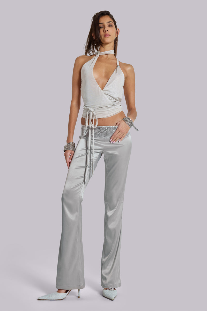Nivi Chainmail Satin Trousers in Silver