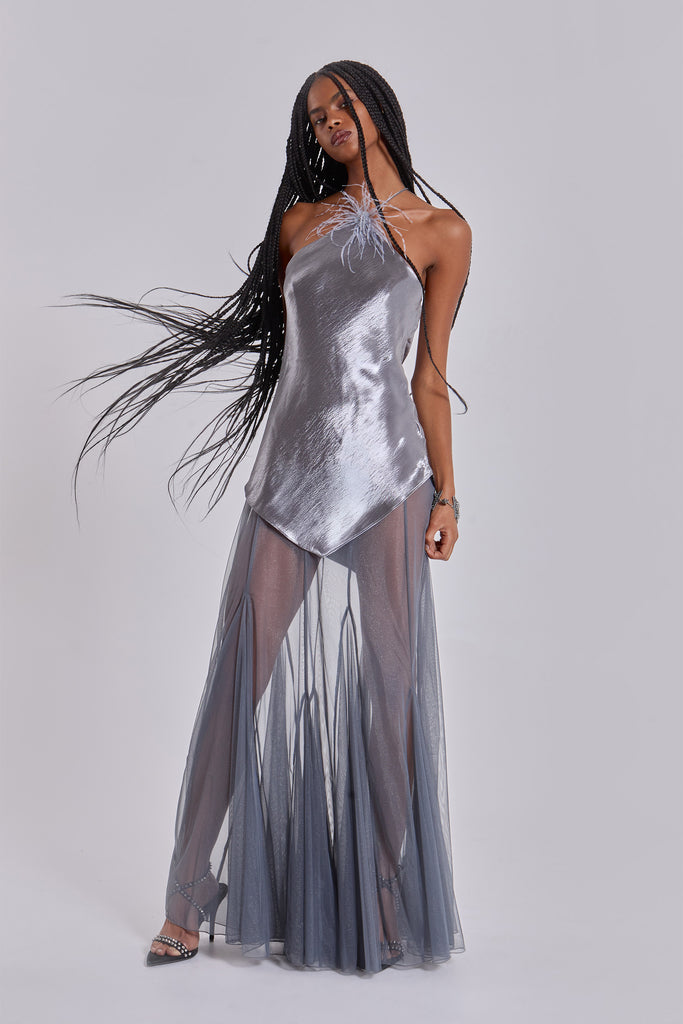 Talassa Maxi Dress with Real Feather