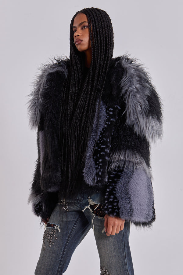 Oksana Patchwork Faux Fur Coat in Black