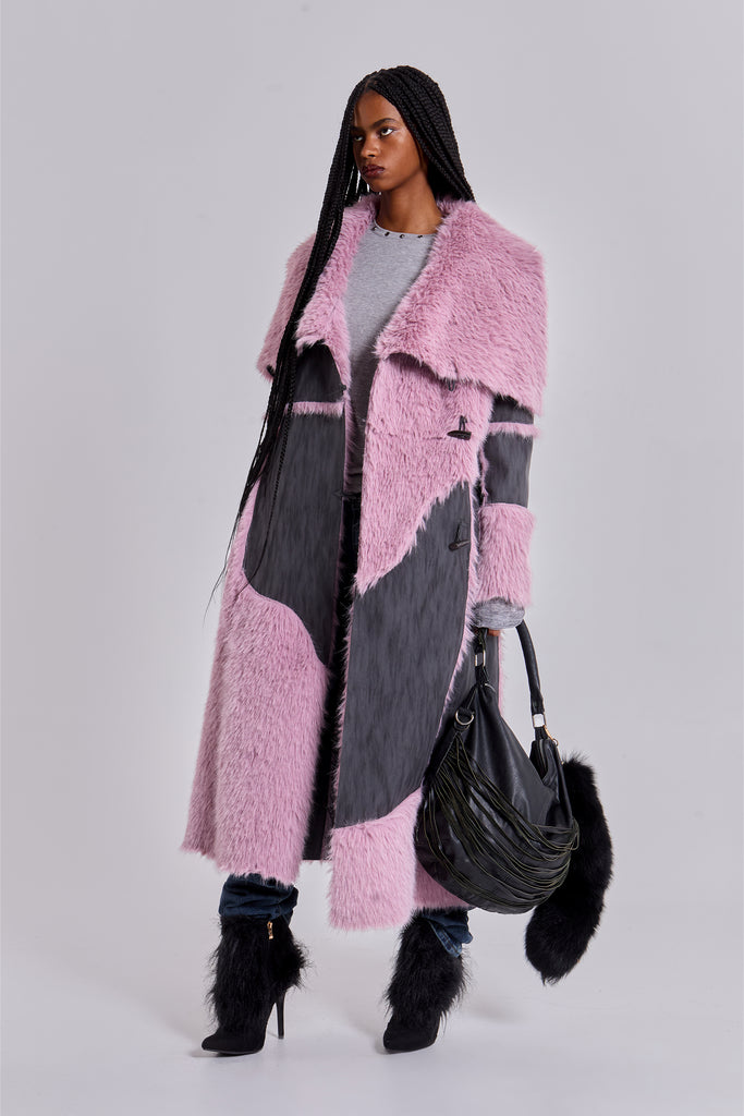 Alise Patchwork Faux Suede and Fur Maxi Coat