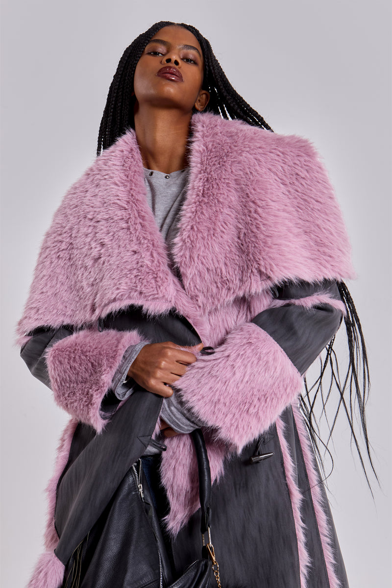 Alise Patchwork Faux Suede and Fur Maxi Coat