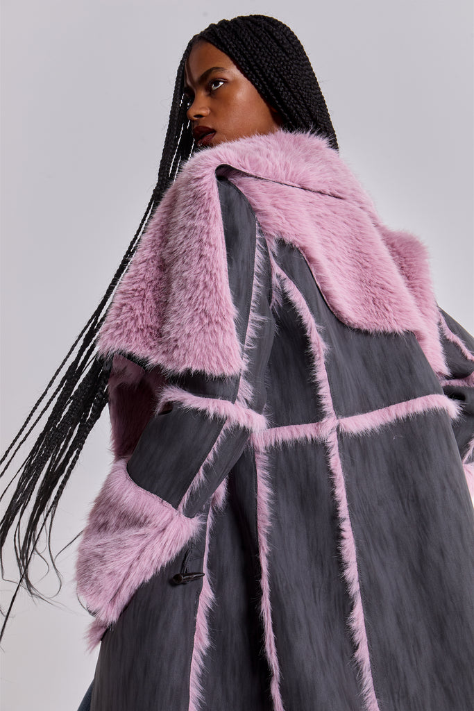 Alise Patchwork Faux Suede and Fur Maxi Coat