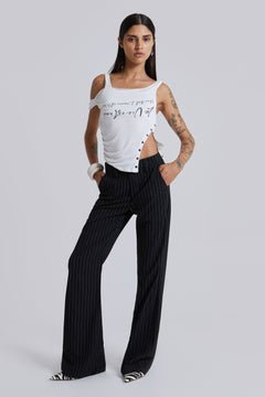 Black Pinstripe Stacked Bootcut Suit Pants - W26 / Black