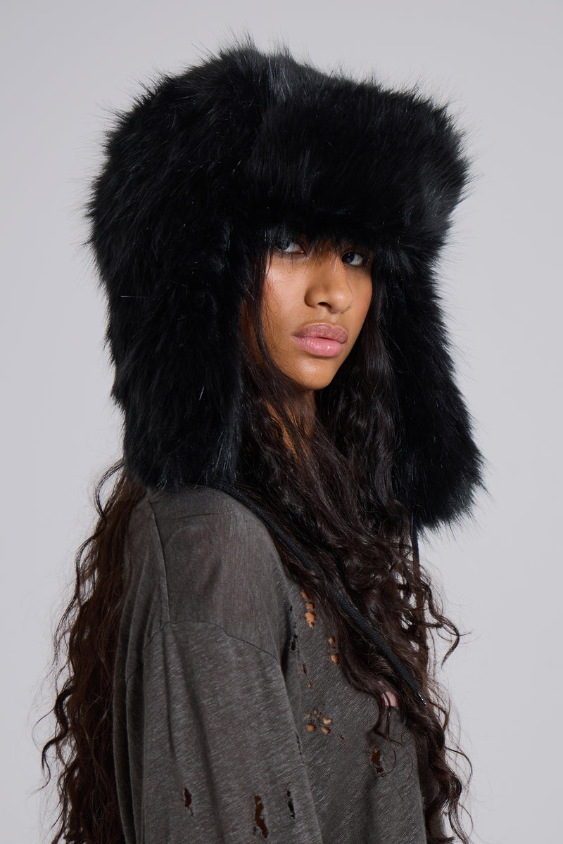 Black Faux Fur Trapper Hat