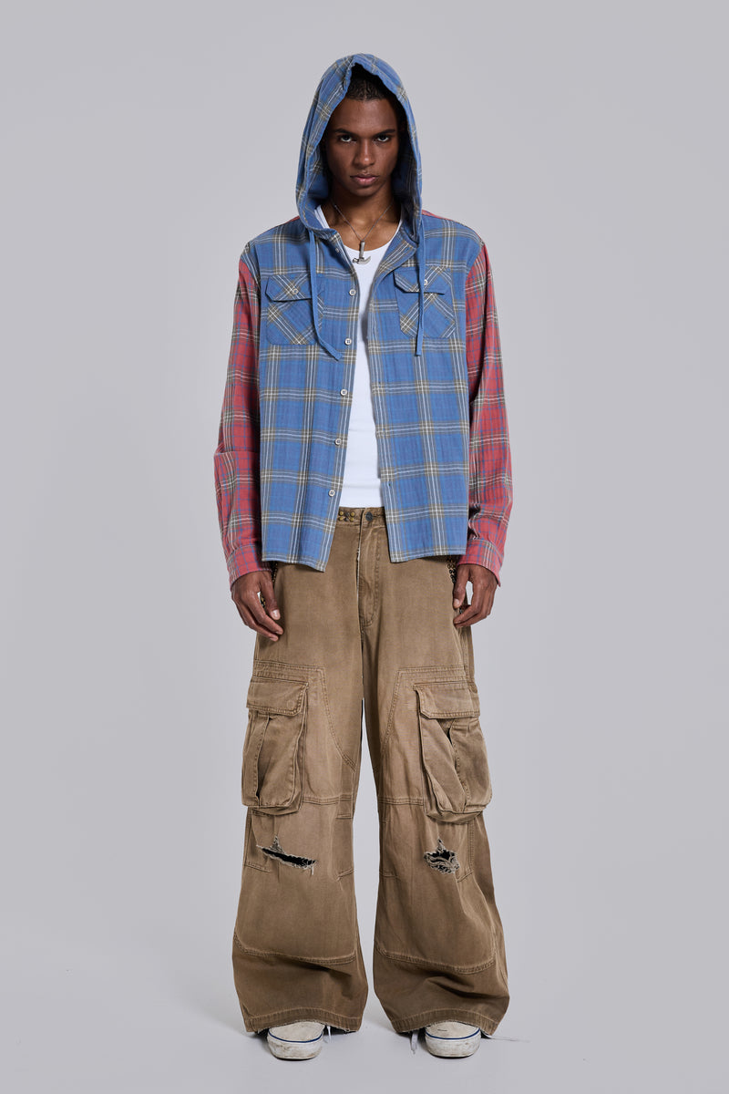 Checked Button-Up Hooded Shirt