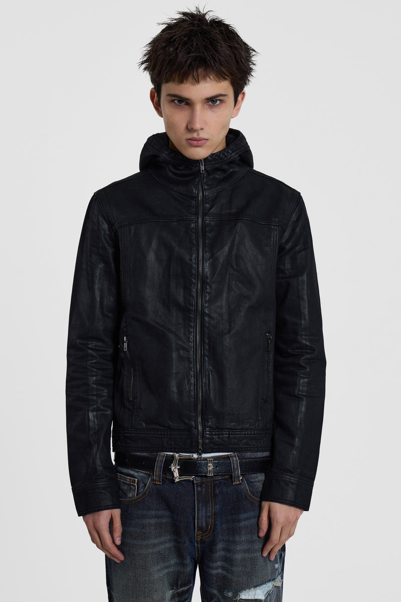 Black Bedrock Waxed Hooded Denim Jacket