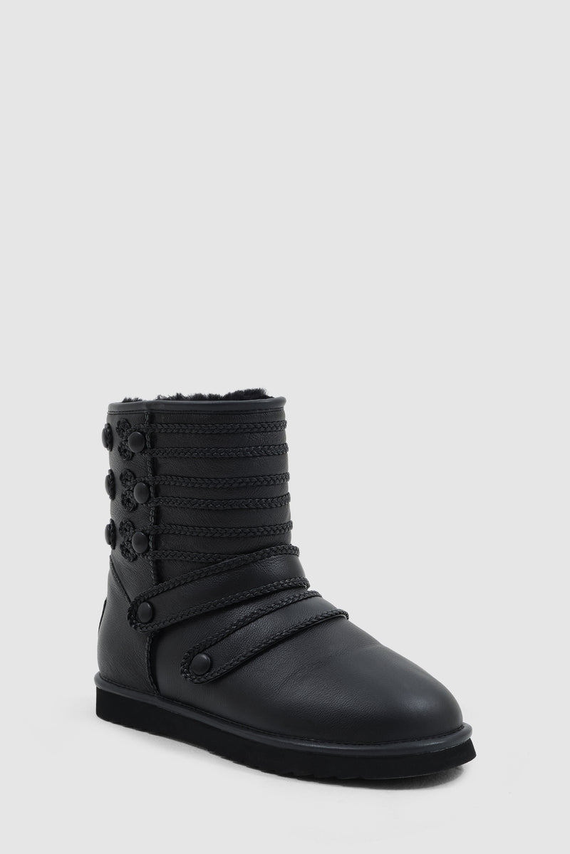 Black Leather Drummer Shearling Boots