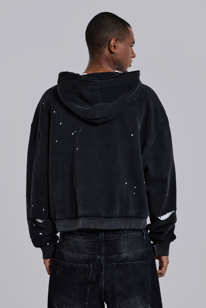 Washed Black Sun Faded Waffle Lined Zip Hoodie