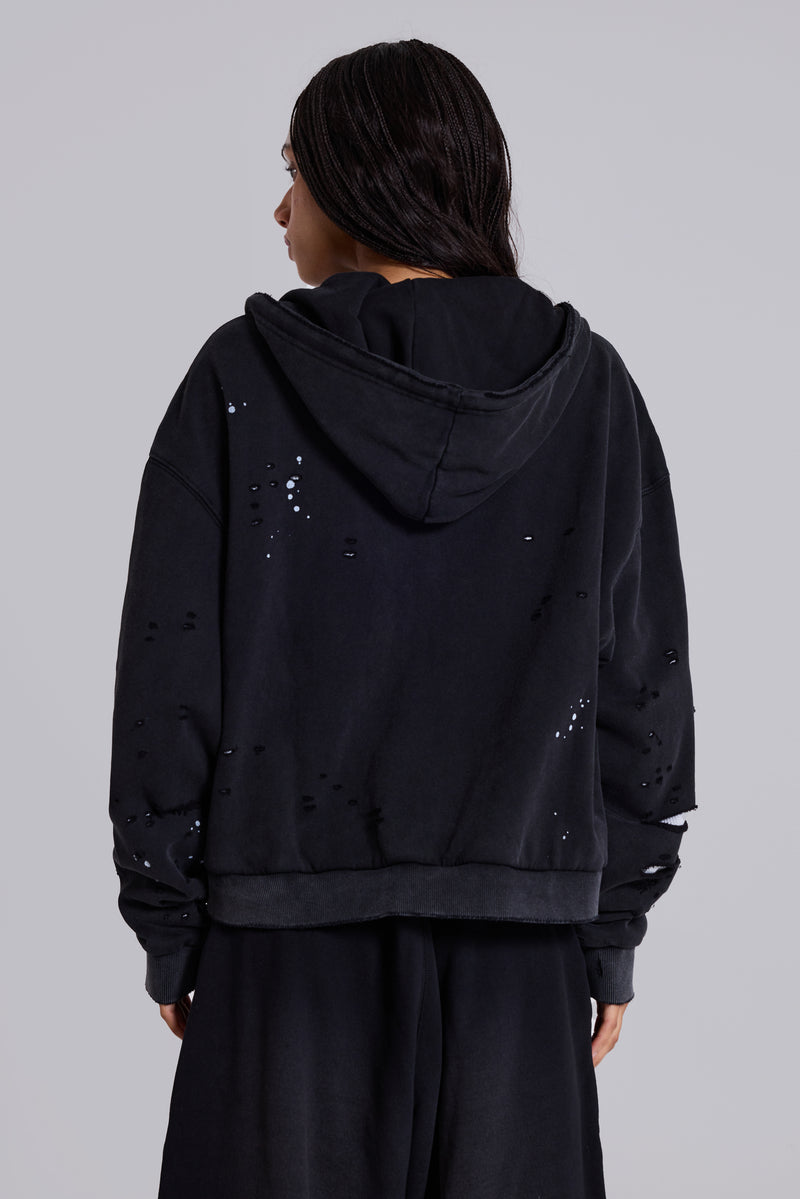 Washed Black Sun Faded Waffle Lined Zip Hoodie