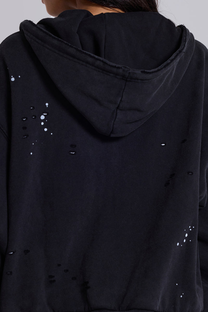 Washed Black Sun Faded Waffle Lined Zip Hoodie