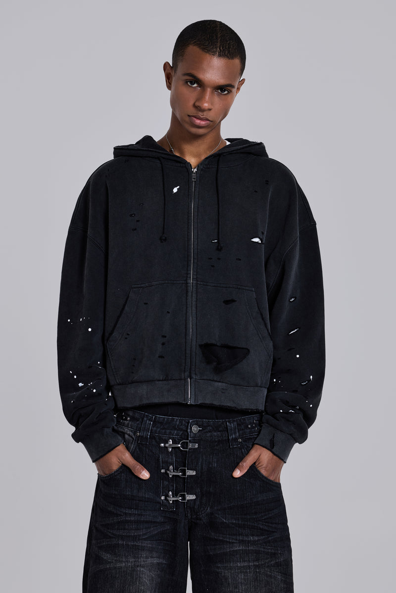 Washed Black Sun Faded Waffle Lined Zip Hoodie