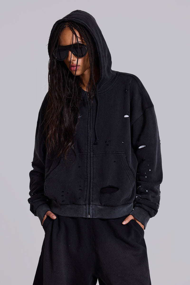 Washed Black Sun Faded Waffle Lined Zip Hoodie