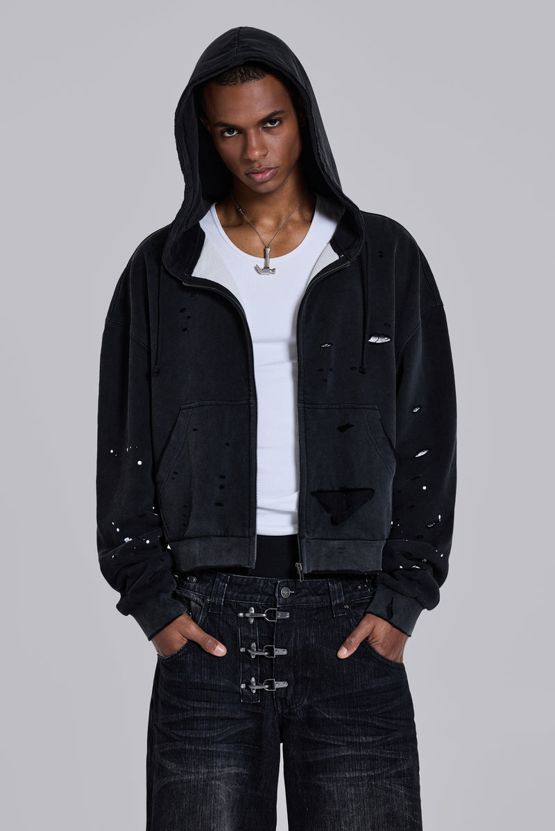 Washed Black Sun Faded Waffle Lined Zip Hoodie