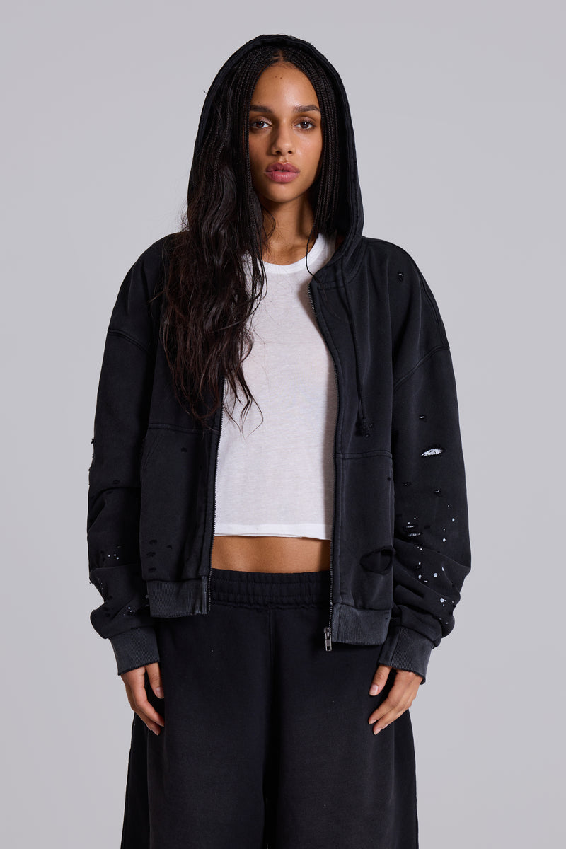 Washed Black Sun Faded Waffle Lined Zip Hoodie