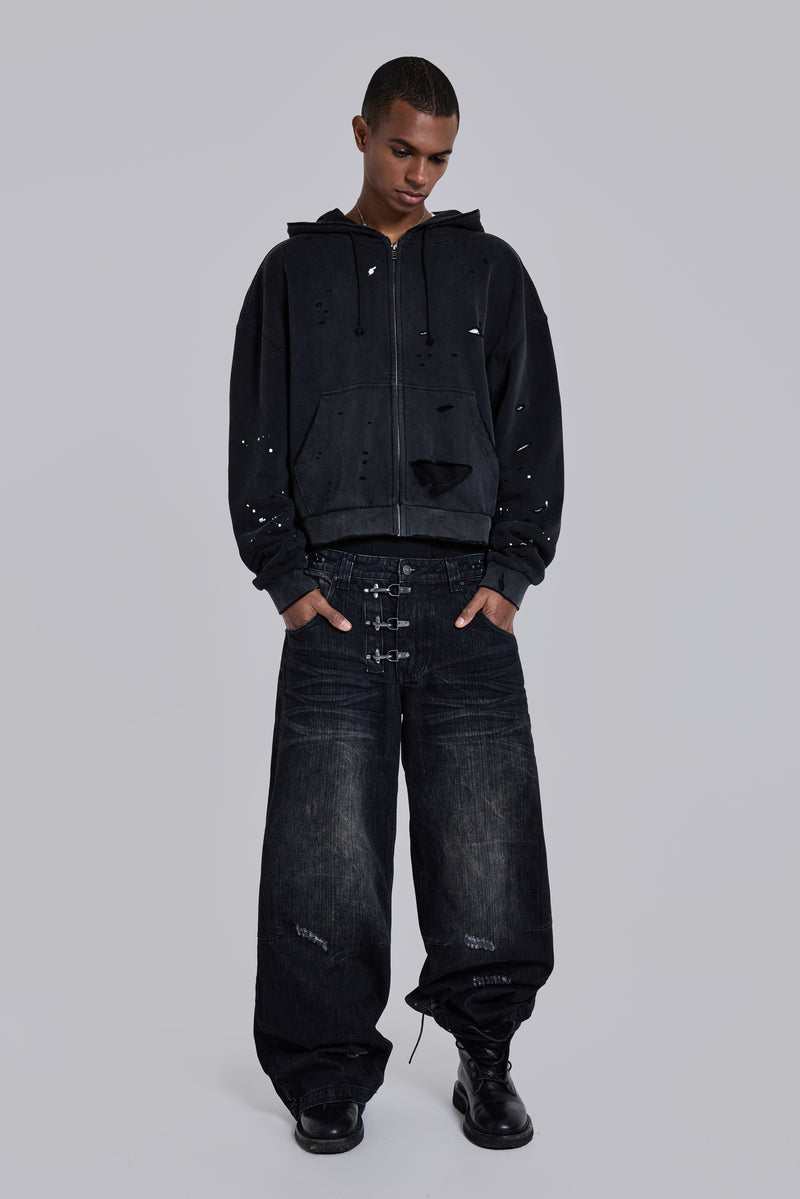 Washed Black Sun Faded Waffle Lined Zip Hoodie
