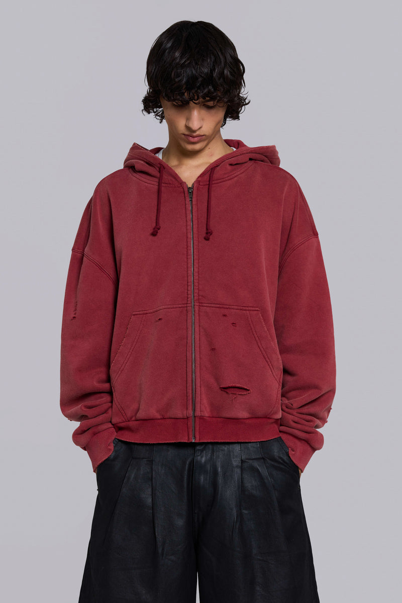 Red Sun Faded Waffle Lined Zip Hoodie