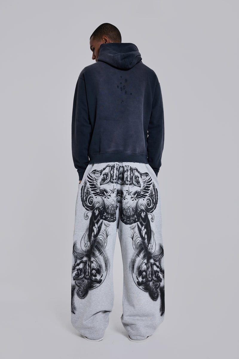 Grey Marl Gothic Print Baggy Monster Joggers