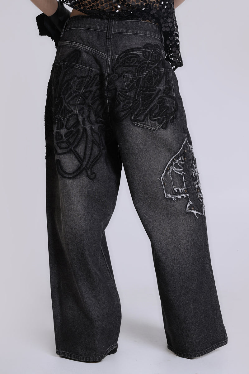 Black Raised Embroidery XL Colossus Jeans