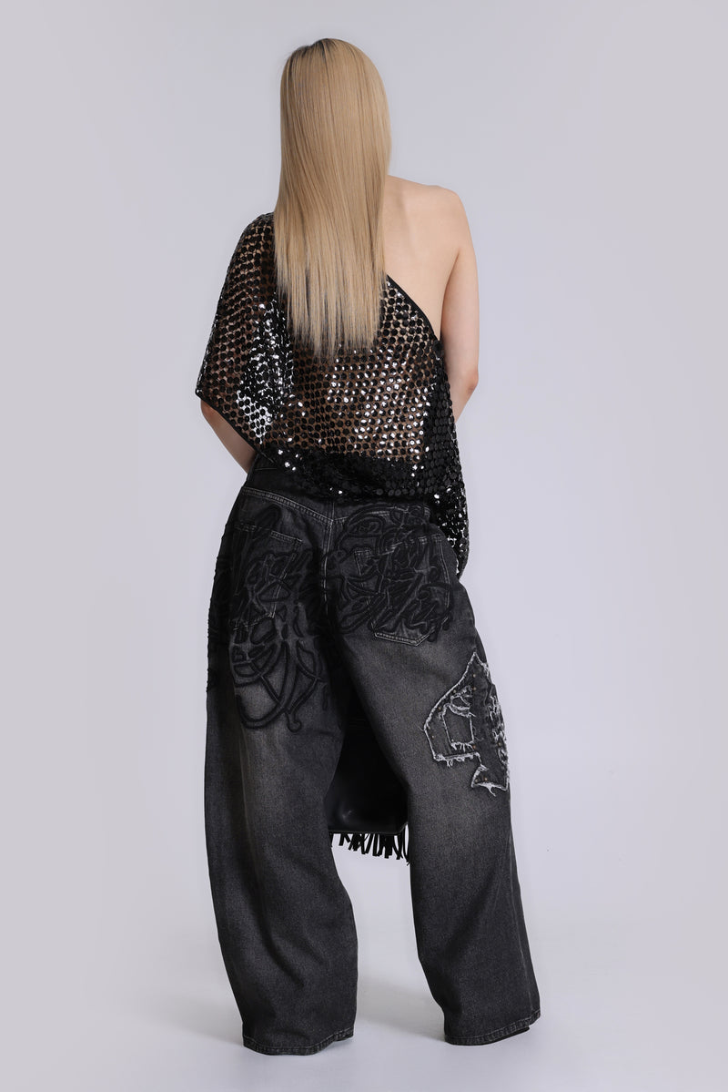 Black Raised Embroidery XL Colossus Jeans