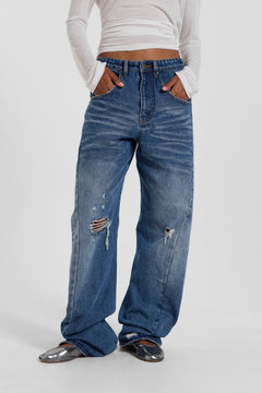 Mid Blue Baggy Twisted Seam Jeans - W28 / Blue