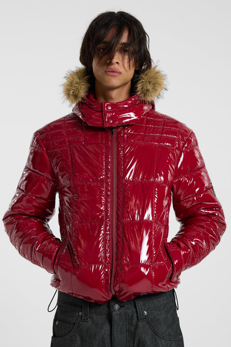 Red Hi Shine Fur Hood Puffer
