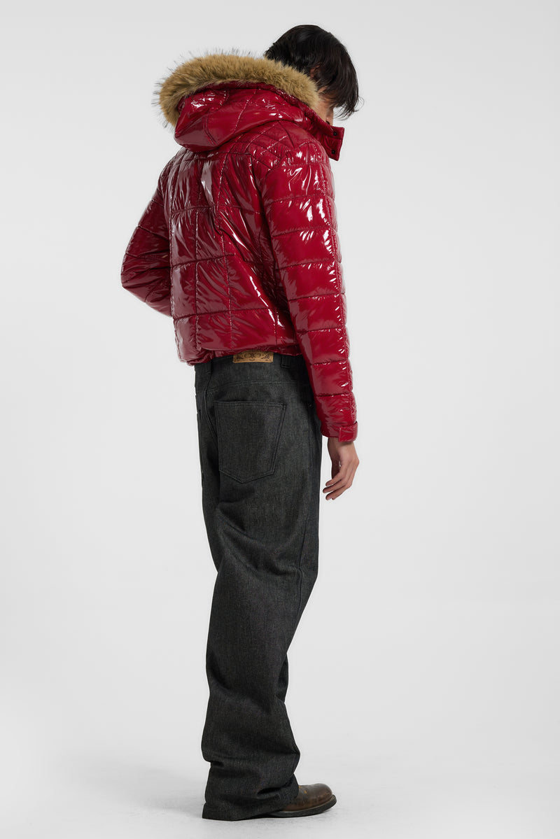 Red Hi Shine Fur Hood Puffer