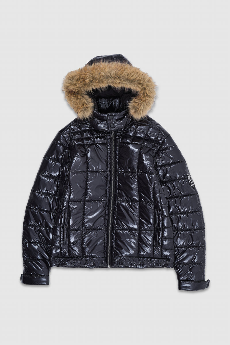 Black Hi Shine Fur Hood Puffer