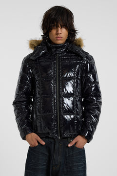 Black Hi Shine Fur Hood Puffer - XS / Black