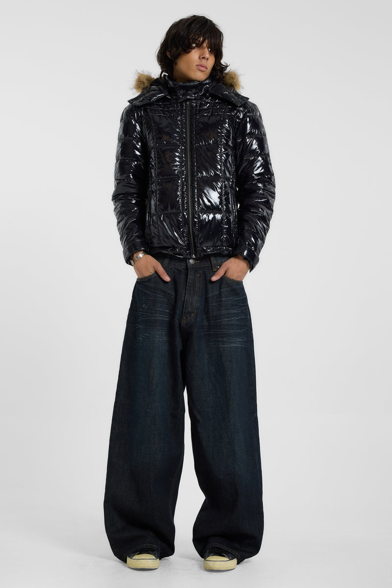 Black Hi Shine Fur Hood Puffer