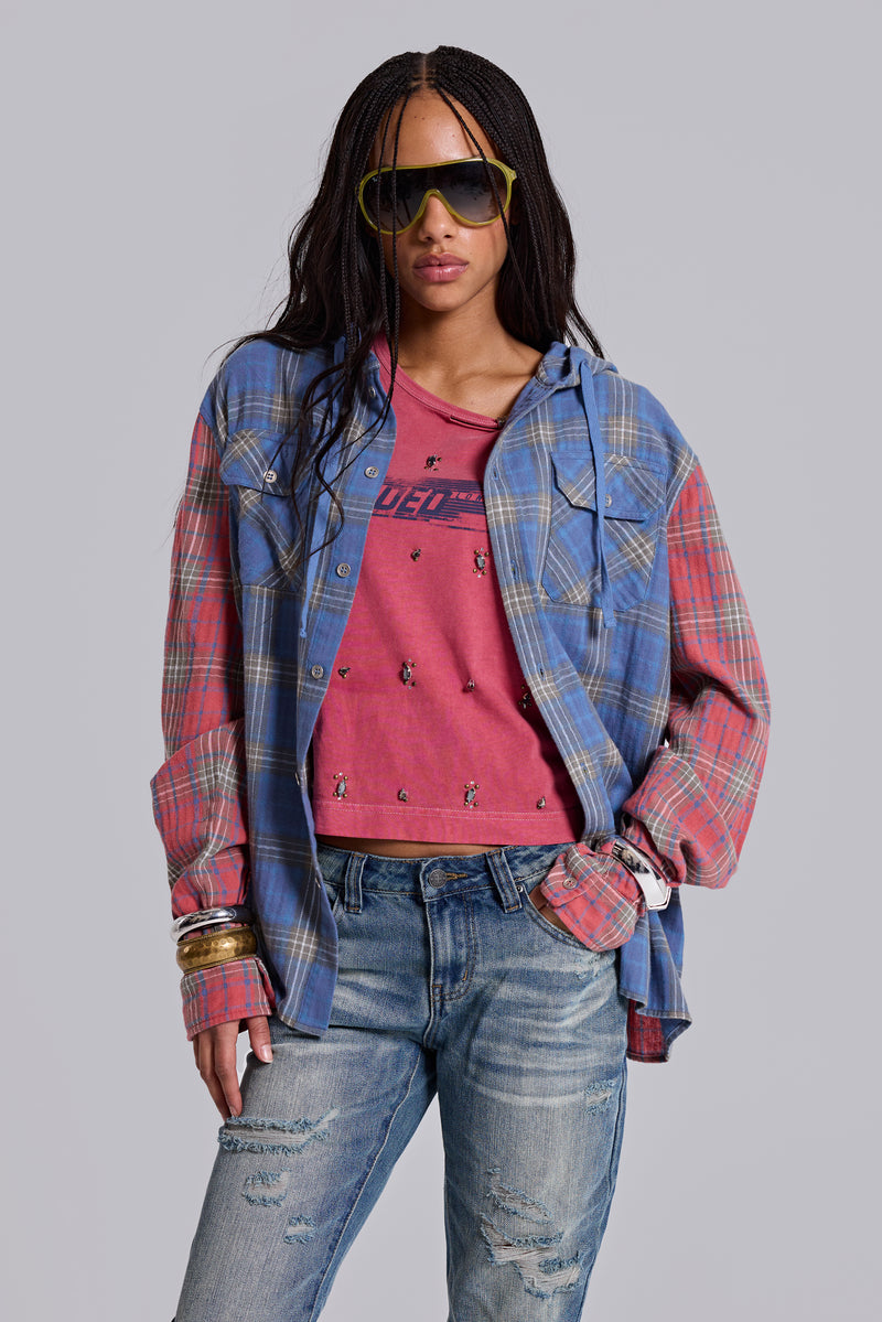 Checked Button-Up Hooded Shirt