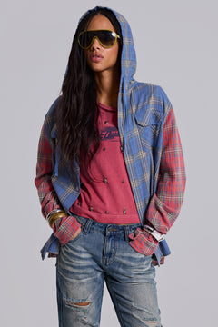 Checked Button-Up Hooded Shirt - XS / Red