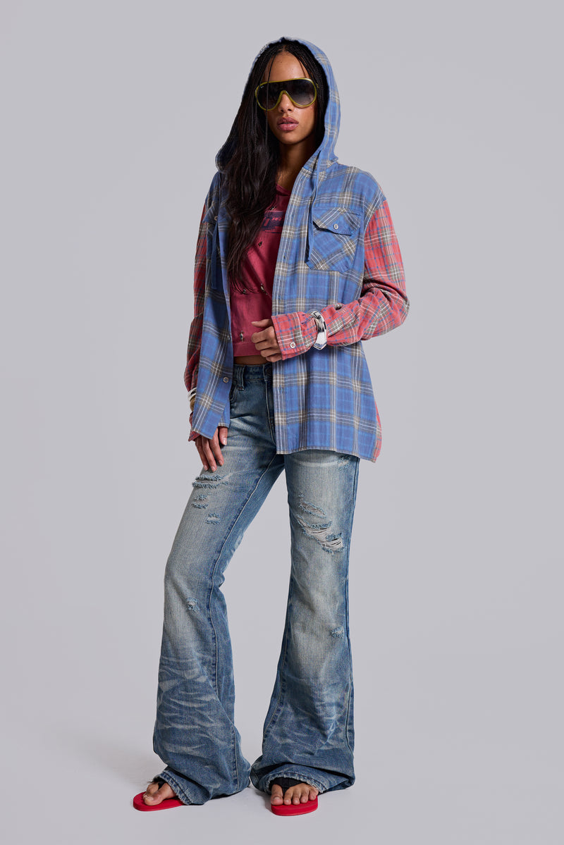 Checked Button-Up Hooded Shirt