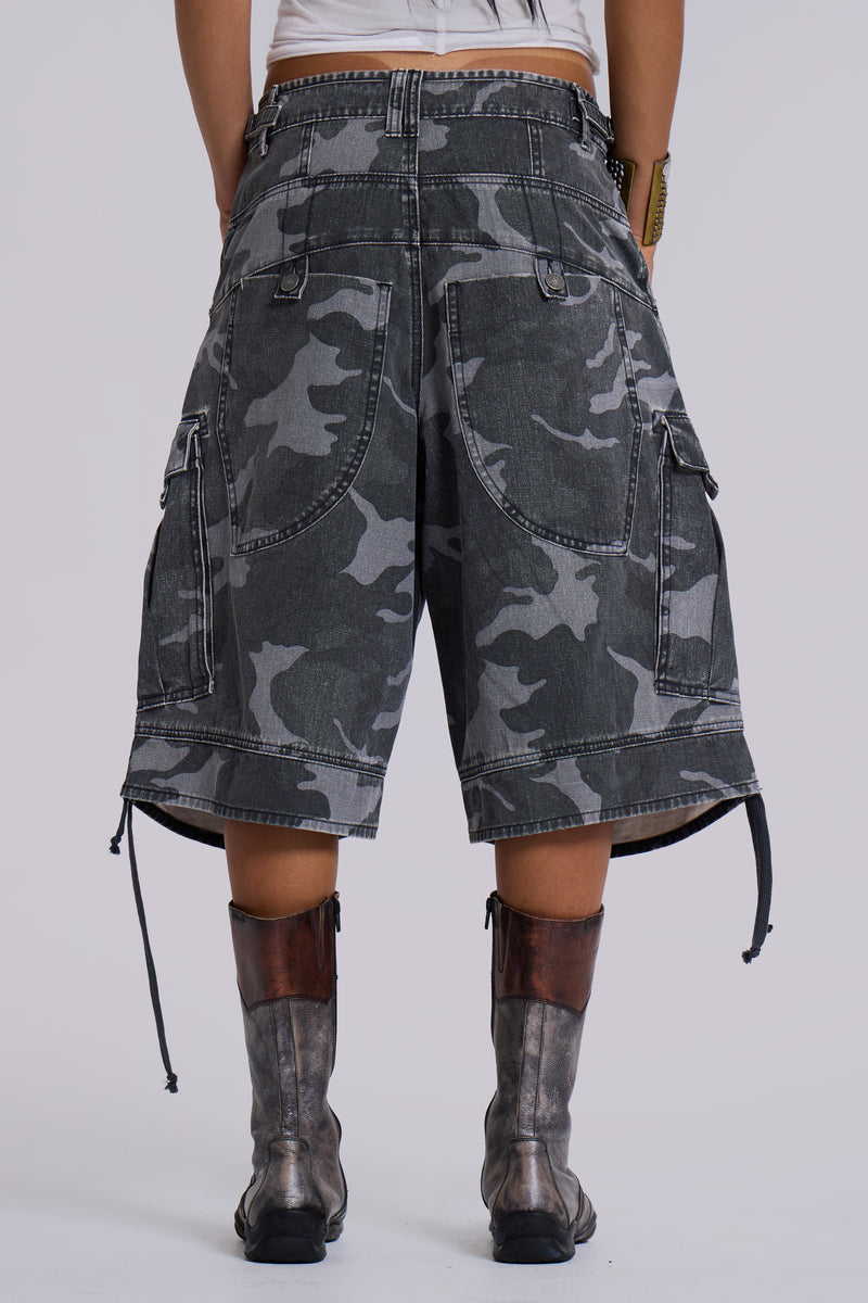 Washed Black Cadet Camo Baggy Shorts
