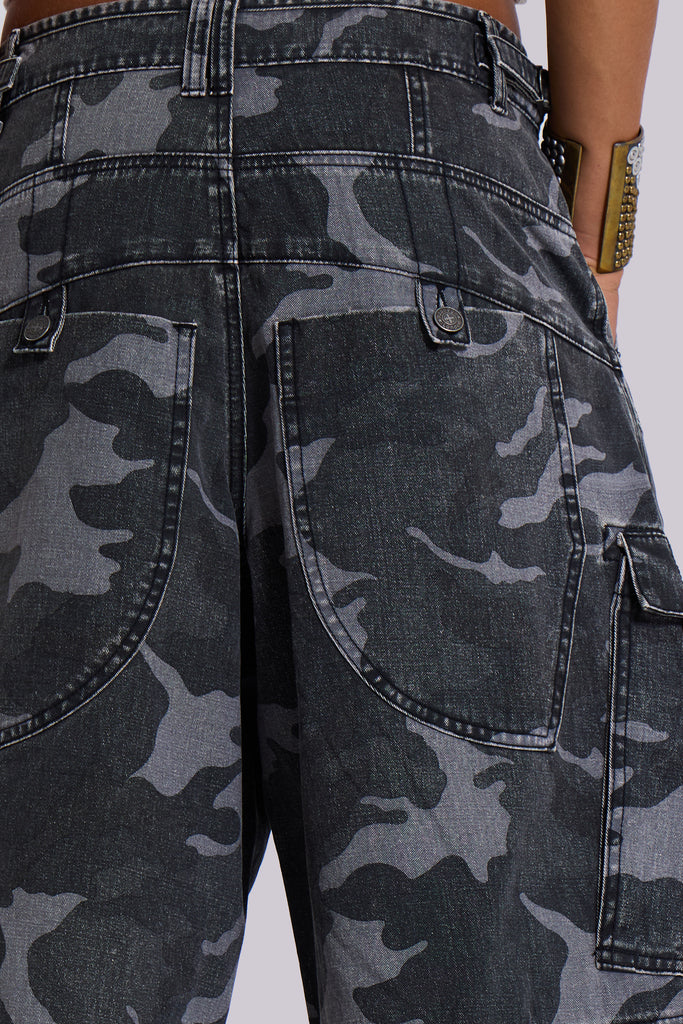 Washed Black Cadet Camo Baggy Shorts