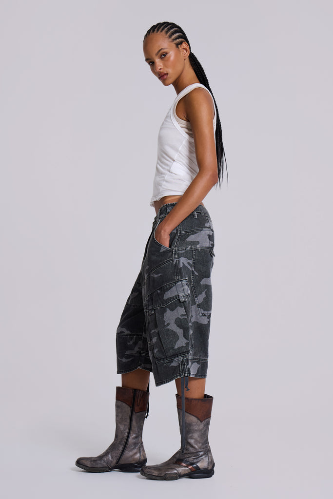 Washed Black Cadet Camo Baggy Shorts