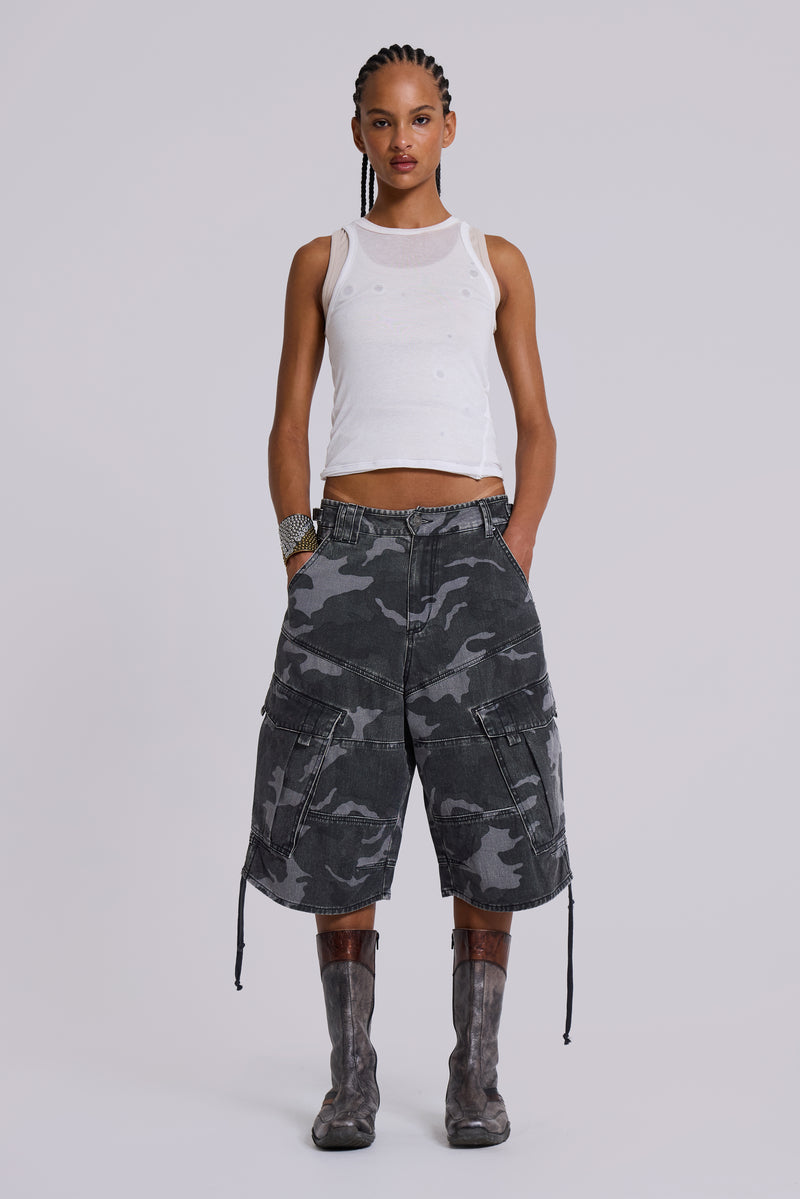Washed Black Cadet Camo Baggy Shorts