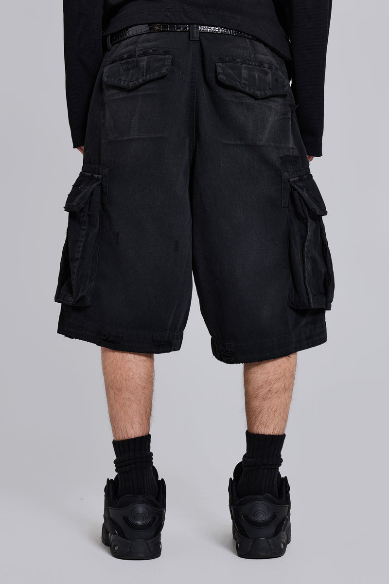 Black Distressed Beach Cargo Shorts