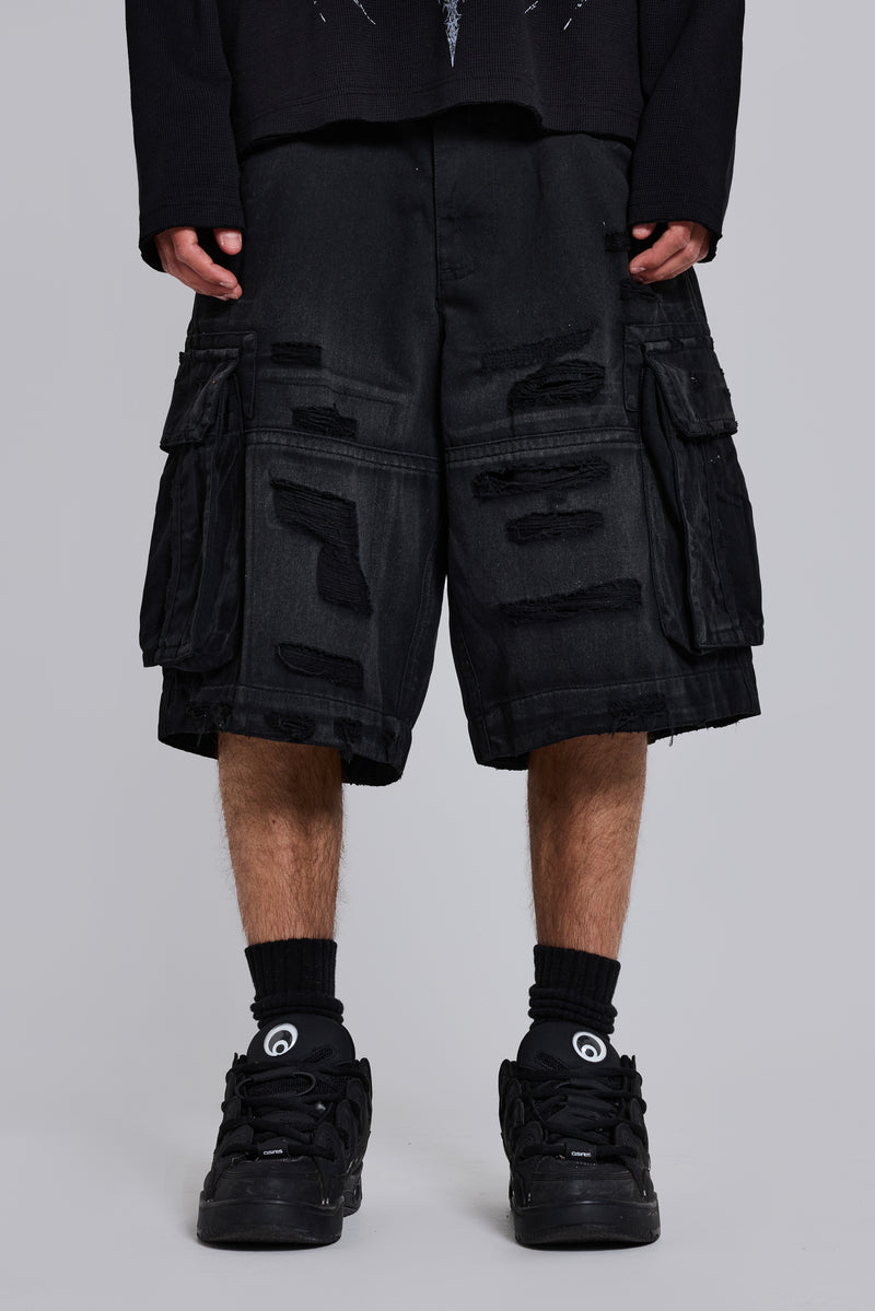 Black Distressed Beach Cargo Shorts
